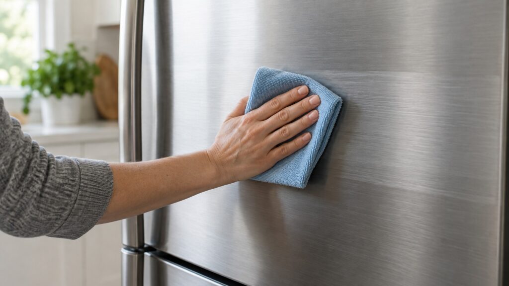 A microfiber cloth moving along the brushed grain of a stainless refrigerator door