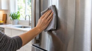 A stainless steel refrigerator door being wiped with a soft cloth in a kitchen