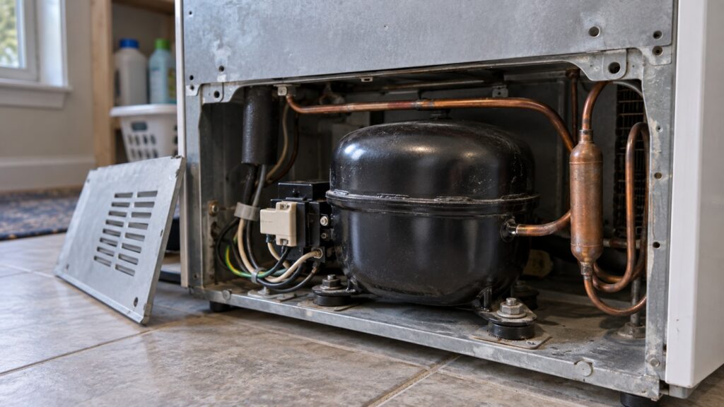 A compressor and its start relay seen through an open rear access panel of a refrigerator