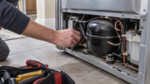 A technician's hand near the back of a refrigerator at the compressor compartment