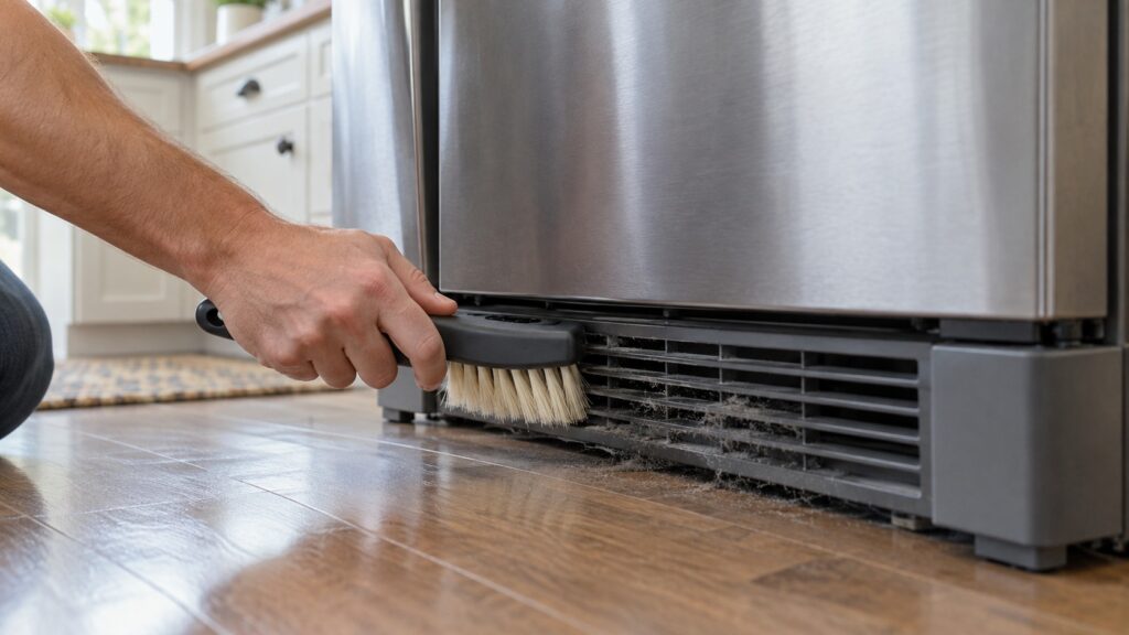 A soft brush cleaning dust from the ventilation grille at the base of a refrigerator