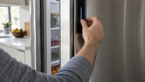 A refrigerator door slightly open with a hand adjusting the temperature display