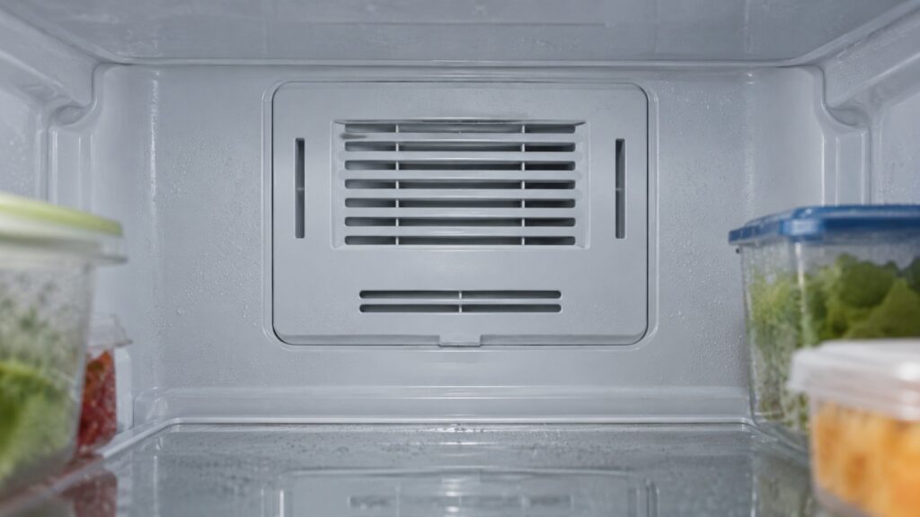 A close-up of an air vent on the back wall inside a refrigerator compartment