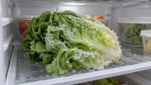 A refrigerator shelf with lettuce showing ice crystals on its leaves