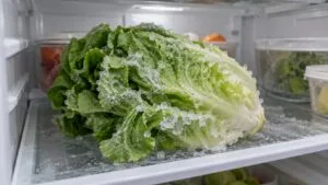 A refrigerator shelf with lettuce showing ice crystals on its leaves