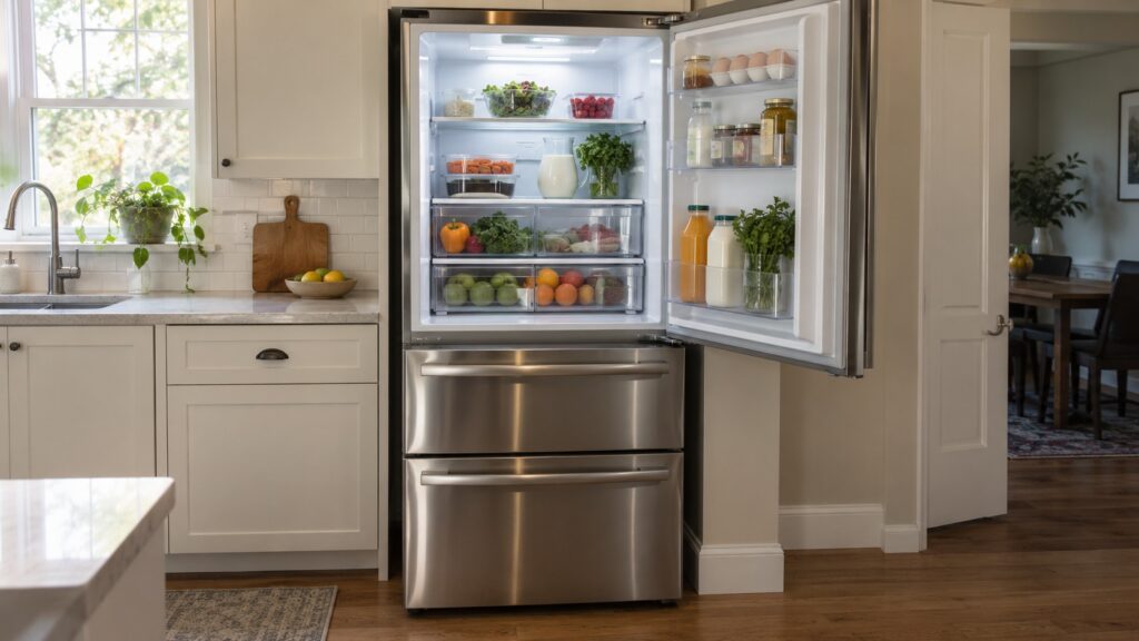 A bottom-freezer refrigerator with the fresh food door open above two closed freezer drawers