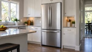 A tall bottom-freezer refrigerator with stainless doors in a bright modern kitchen
