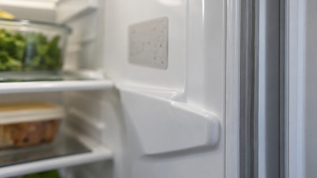 The rating plate on the inner side wall of an open refrigerator, its printing too small to read