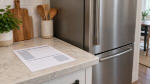 A printed product data sheet lying on a kitchen counter next to a closed stainless refrigerator