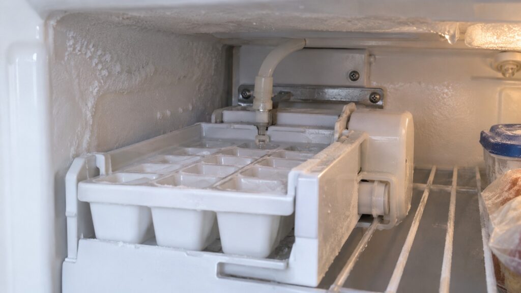 A small ice mold with a water supply tube above it inside a freezer compartment