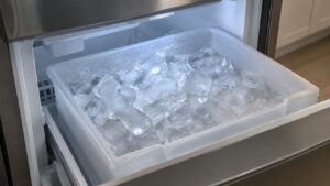 A bin full of clear ice cubes inside an open freezer drawer