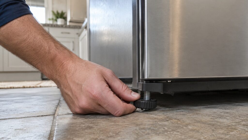 A hand adjusting a threaded leveling foot at the bottom front corner of a refrigerator