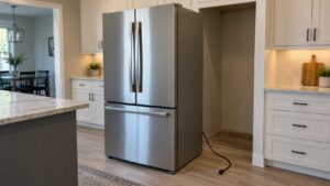 A new refrigerator standing in a kitchen opening with its plug lying on the floor beside it