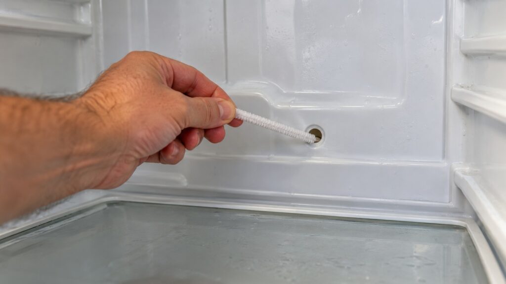 A hand holding a soft pipe cleaner beside a small drain opening on the rear wall of a refrigerator compartment