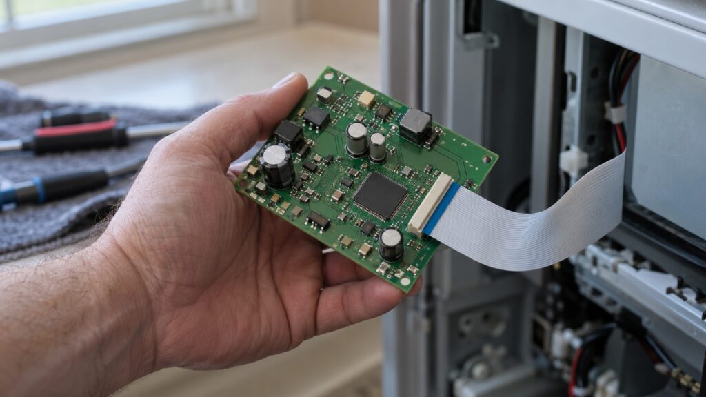 A green circuit board with a flat ribbon cable plugged in, held in a technician hand