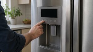 A refrigerator with its display panel dark and a hand resting near the control buttons