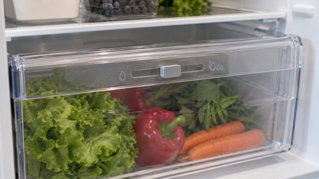 A drawer slider set between a dry and a humid position on the front of a refrigerator drawer