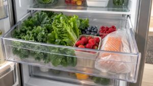 A pulled-out refrigerator drawer holding fresh leafy greens, berries and a wrapped piece of fish