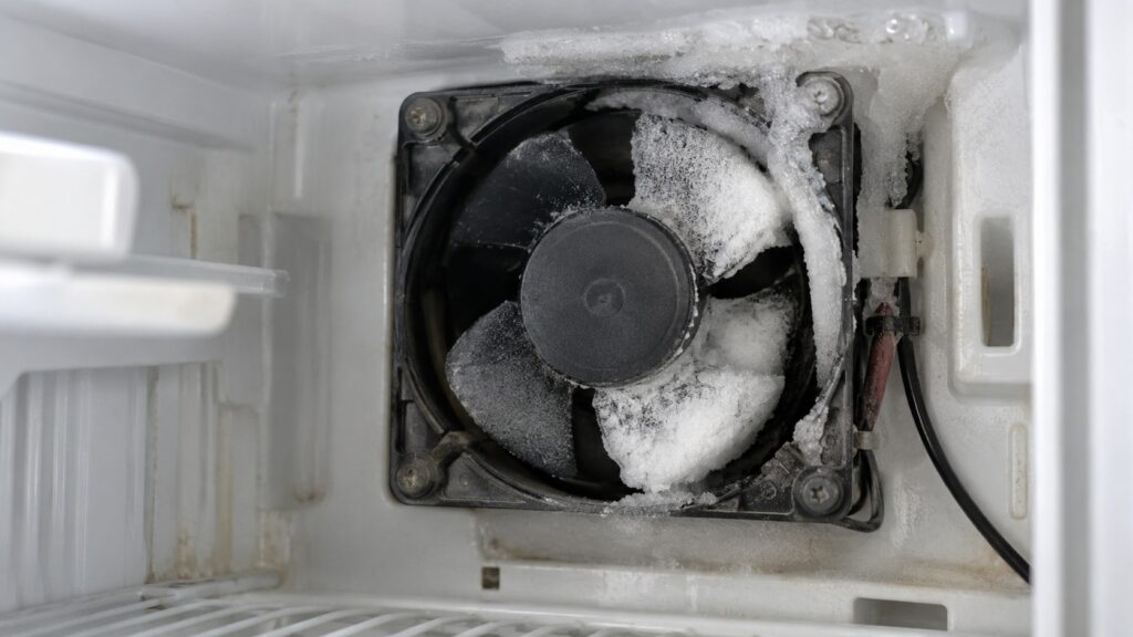 A small black fan with plastic blades partly coated in white frost inside a freezer