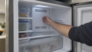 An open freezer compartment with a hand held near the back wall as if feeling for moving air