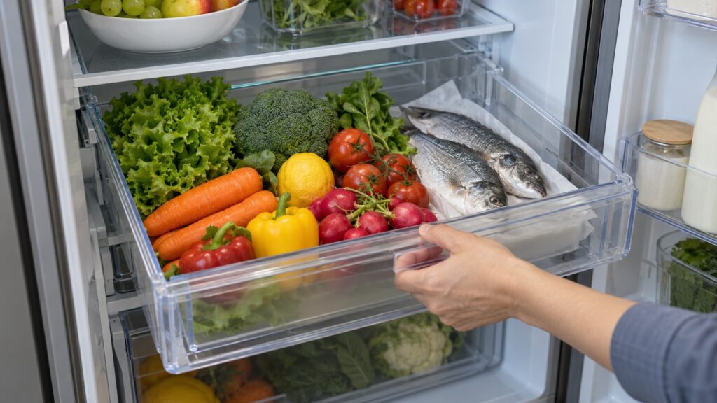A hand on a pulled-out fresh food drawer inside a refrigerator, neatly arranged produce and fish inside