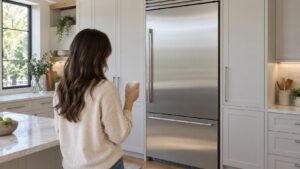 A woman holding a cup of tea looks at a tall built-in stainless steel refrigerator in a bright kitchen