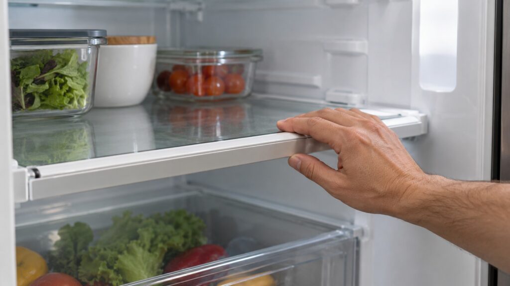 A hand resting at the edge of a tempered glass shelf inside a refrigerator, the shelf frame in view
