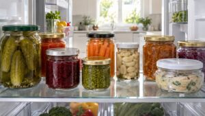 A glass refrigerator shelf neatly stocked with jars in a bright kitchen