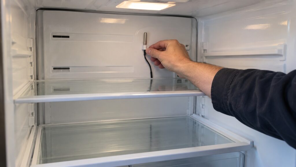 A small temperature probe mounted near the back wall inside an empty refrigerator compartment, a hand nearby