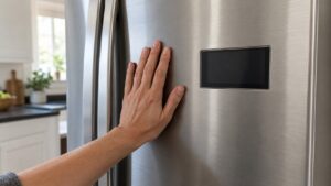 A palm resting on the closed door of a stainless steel refrigerator, a blank digital display beside it