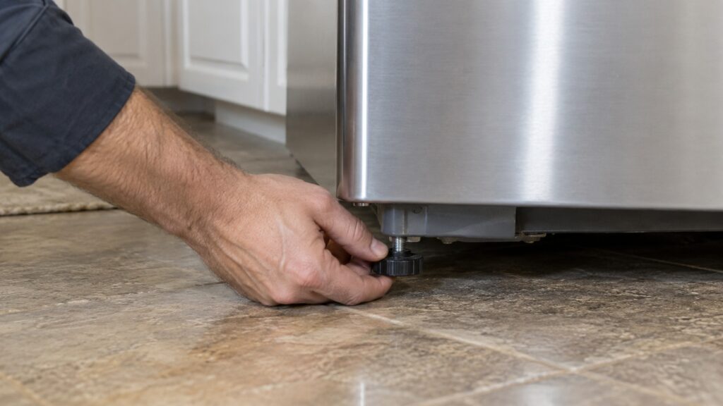 A hand adjusting the front foot of a refrigerator from below, the base and the floor in view