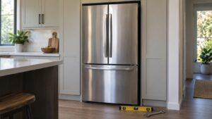 A stainless refrigerator standing in a kitchen niche with a spirit level and an adjustable wrench on the floor beside it