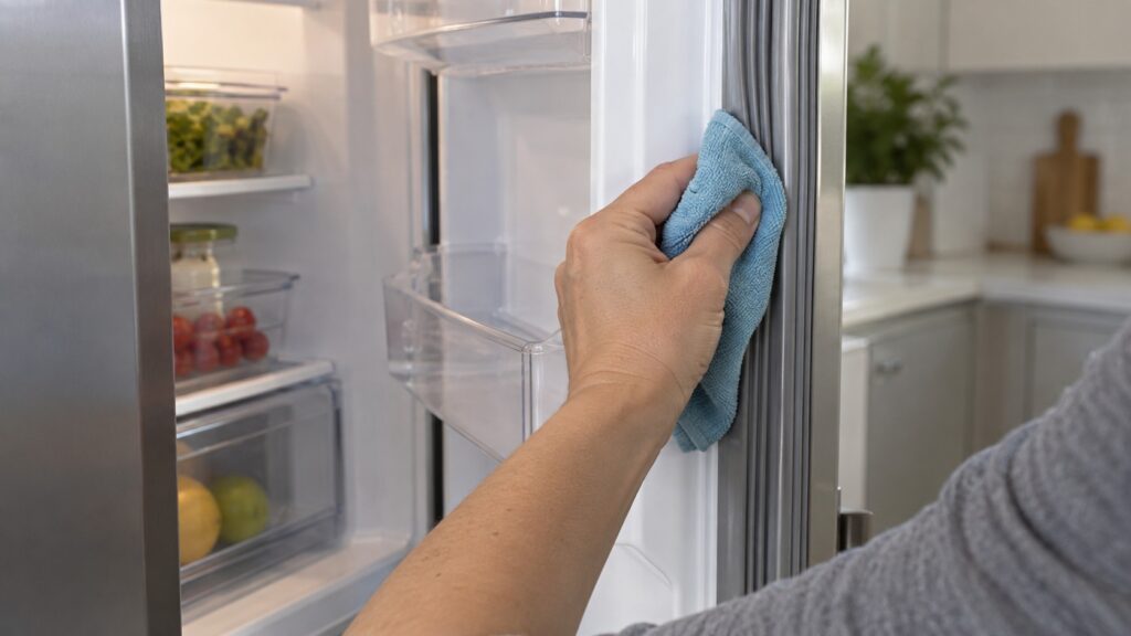 A hand with a soft cloth wiping along the rubber gasket of an open refrigerator door