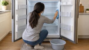 A woman wiping the inside wall of an empty refrigerator with a soft cloth, a basin of warm water on the floor beside her