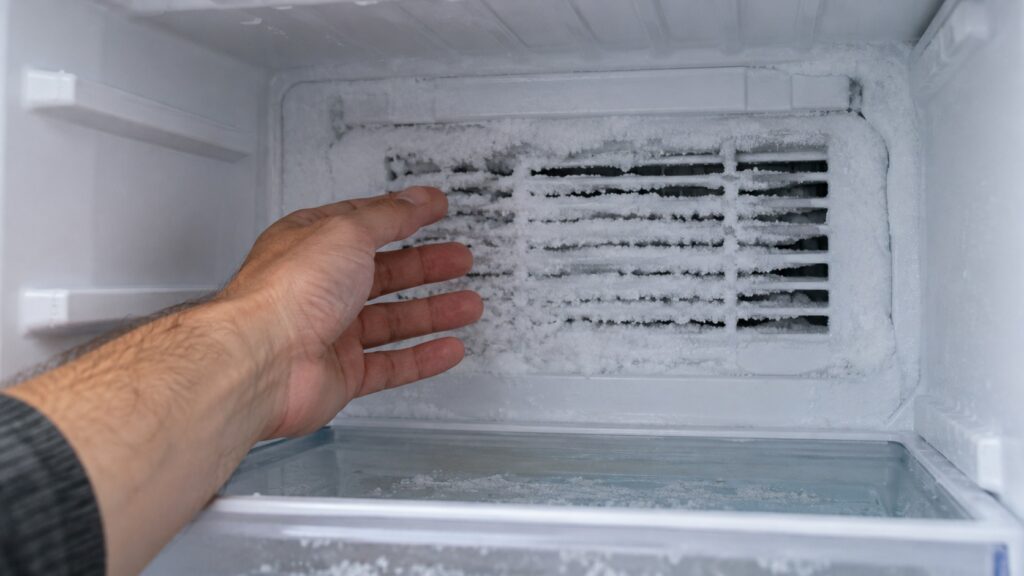 A hand near the rear vent grille of a freezer compartment, frost visible on the grille