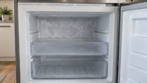 The open door of a freezer compartment with a layer of frost on the rear wall