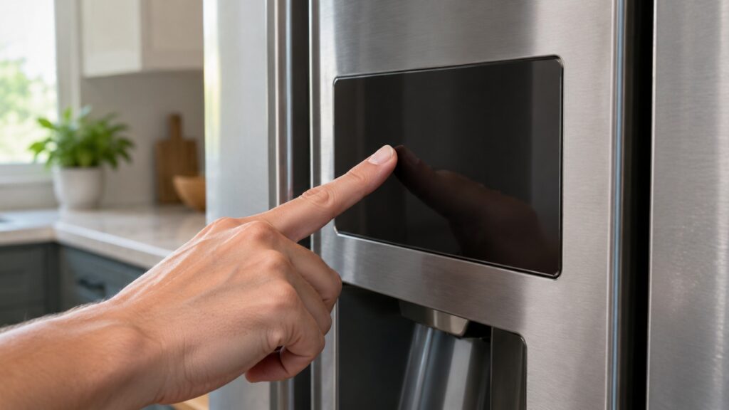 A fingertip resting on a dark touch control panel of a refrigerator, the screen blank with no symbols