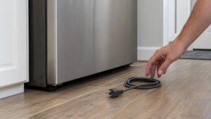 A hand near an unplugged power cord on the floor beside a closed refrigerator, the cord neatly coiled