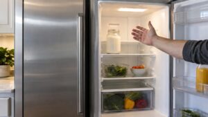 An open refrigerator compartment with a jar of milk and a palm held in the air feeling for warmth, a closed freezer door beside it